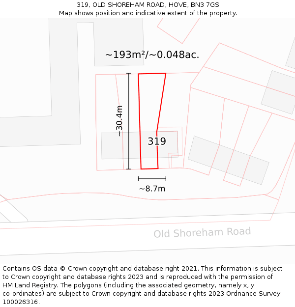 319, OLD SHOREHAM ROAD, HOVE, BN3 7GS: Plot and title map