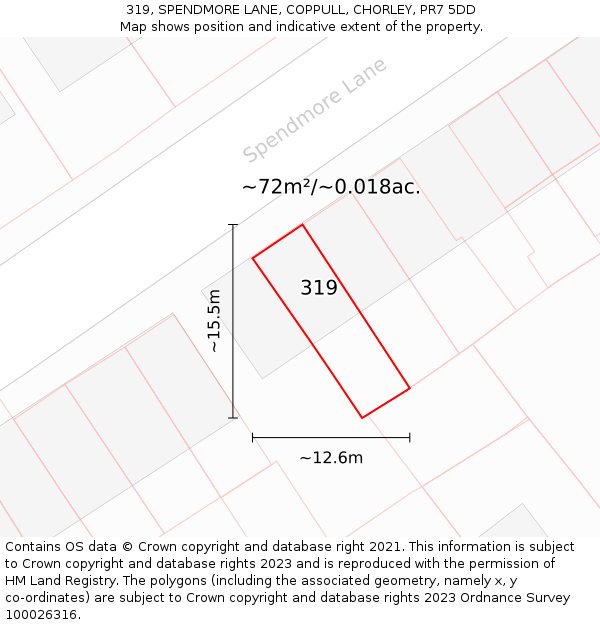 319, SPENDMORE LANE, COPPULL, CHORLEY, PR7 5DD: Plot and title map