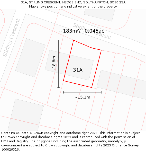 31A, STIRLING CRESCENT, HEDGE END, SOUTHAMPTON, SO30 2SA: Plot and title map