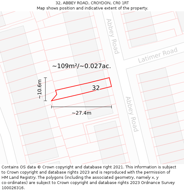 32, ABBEY ROAD, CROYDON, CR0 1RT: Plot and title map
