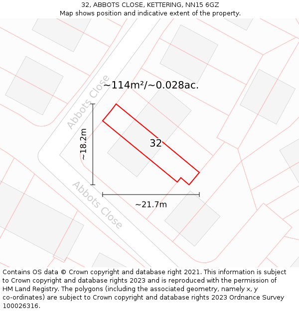 32, ABBOTS CLOSE, KETTERING, NN15 6GZ: Plot and title map