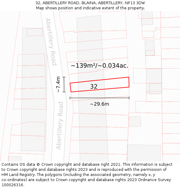 32, ABERTILLERY ROAD, BLAINA, ABERTILLERY, NP13 3DW: Plot and title map