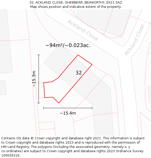 32, ACKLAND CLOSE, SHEBBEAR, BEAWORTHY, EX21 5AZ: Plot and title map