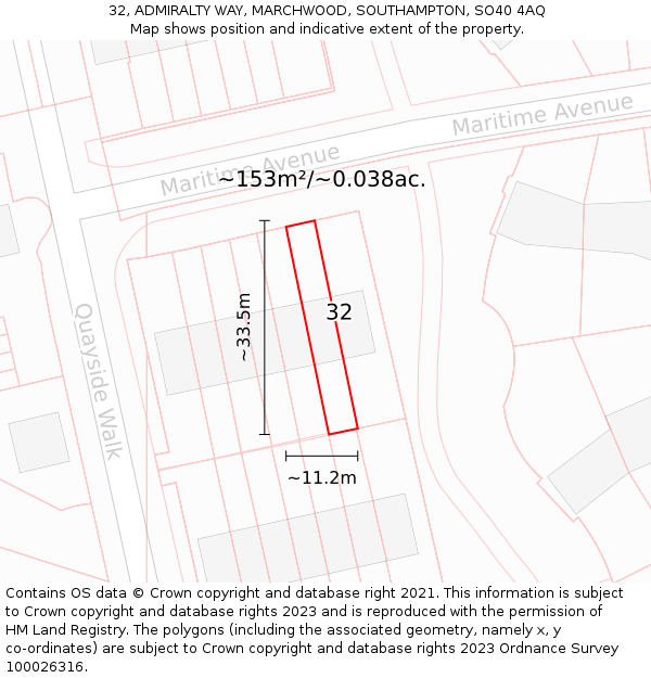 32, ADMIRALTY WAY, MARCHWOOD, SOUTHAMPTON, SO40 4AQ: Plot and title map