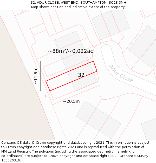 32, ADUR CLOSE, WEST END, SOUTHAMPTON, SO18 3NH: Plot and title map