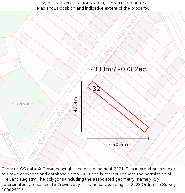 32, AFON ROAD, LLANGENNECH, LLANELLI, SA14 8TS: Plot and title map