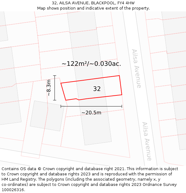 32, AILSA AVENUE, BLACKPOOL, FY4 4HW: Plot and title map