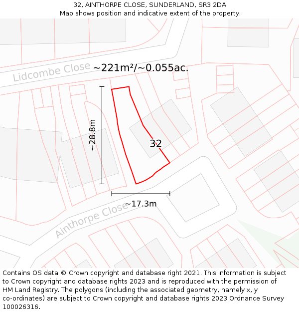 32, AINTHORPE CLOSE, SUNDERLAND, SR3 2DA: Plot and title map