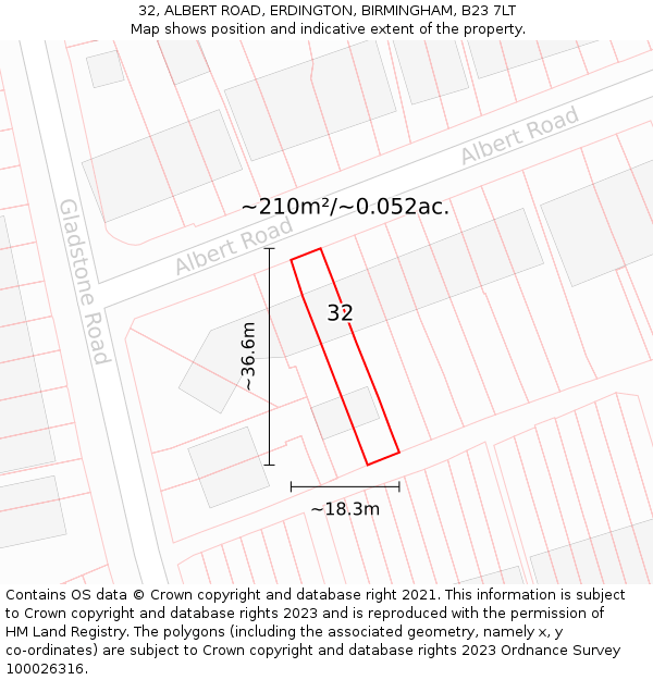 32, ALBERT ROAD, ERDINGTON, BIRMINGHAM, B23 7LT: Plot and title map