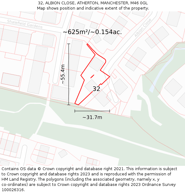 32, ALBION CLOSE, ATHERTON, MANCHESTER, M46 0GL: Plot and title map