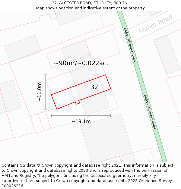 32, ALCESTER ROAD, STUDLEY, B80 7NL: Plot and title map