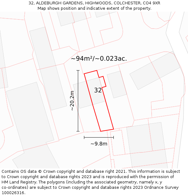 32, ALDEBURGH GARDENS, HIGHWOODS, COLCHESTER, CO4 9XR: Plot and title map
