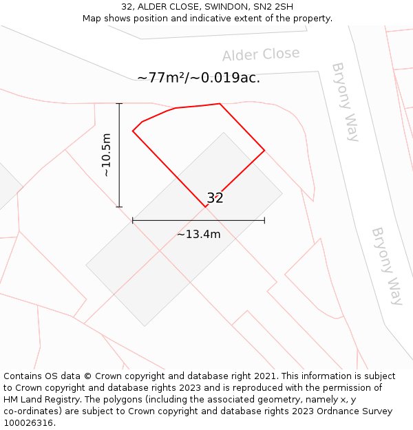 32, ALDER CLOSE, SWINDON, SN2 2SH: Plot and title map