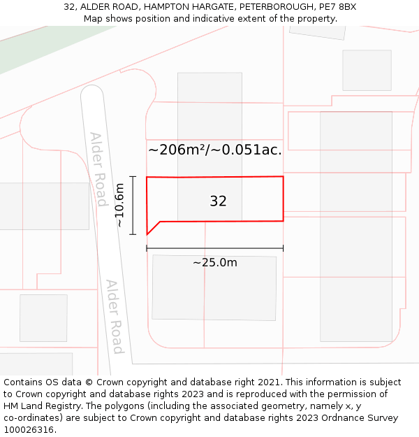 32, ALDER ROAD, HAMPTON HARGATE, PETERBOROUGH, PE7 8BX: Plot and title map
