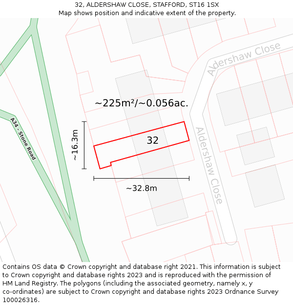 32, ALDERSHAW CLOSE, STAFFORD, ST16 1SX: Plot and title map