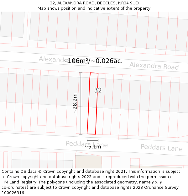 32, ALEXANDRA ROAD, BECCLES, NR34 9UD: Plot and title map
