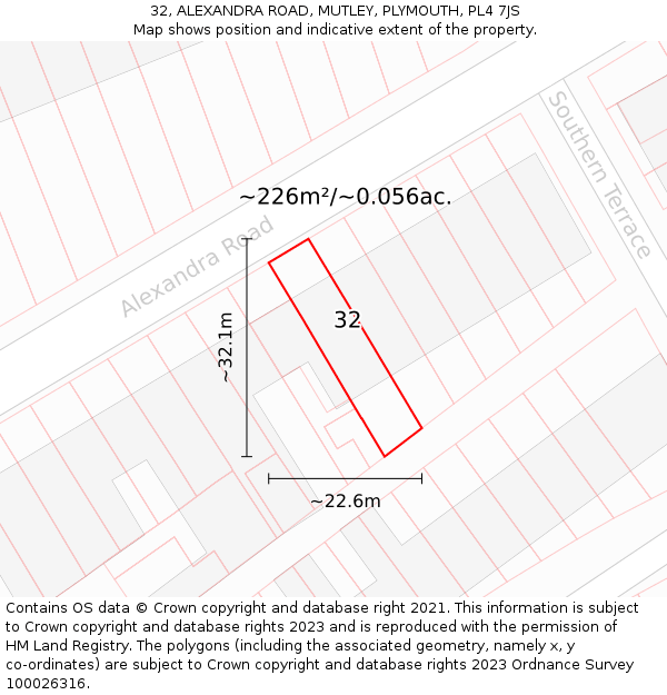 32, ALEXANDRA ROAD, MUTLEY, PLYMOUTH, PL4 7JS: Plot and title map