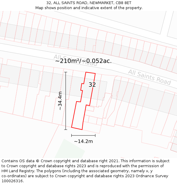 32, ALL SAINTS ROAD, NEWMARKET, CB8 8ET: Plot and title map