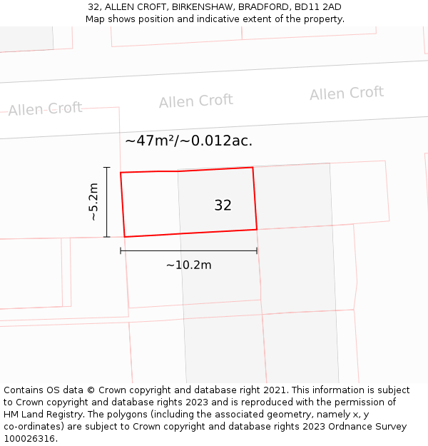 32, ALLEN CROFT, BIRKENSHAW, BRADFORD, BD11 2AD: Plot and title map