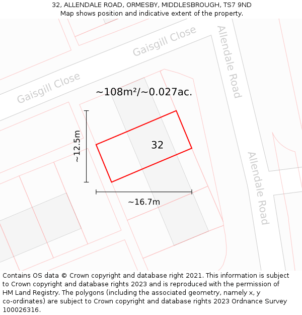 32, ALLENDALE ROAD, ORMESBY, MIDDLESBROUGH, TS7 9ND: Plot and title map