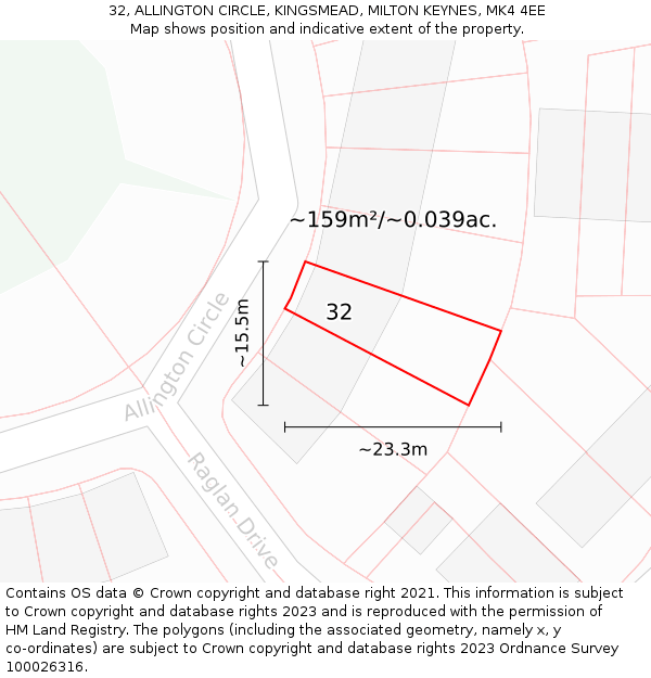 32, ALLINGTON CIRCLE, KINGSMEAD, MILTON KEYNES, MK4 4EE: Plot and title map