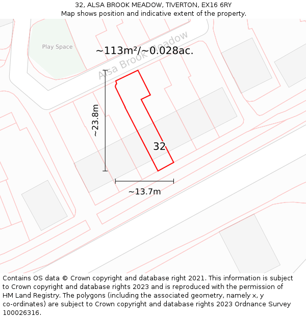 32, ALSA BROOK MEADOW, TIVERTON, EX16 6RY: Plot and title map