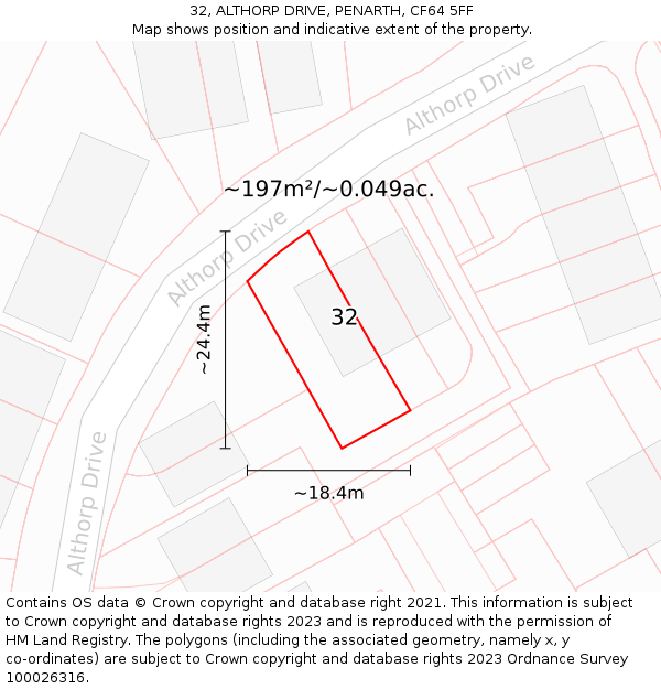 32, ALTHORP DRIVE, PENARTH, CF64 5FF: Plot and title map