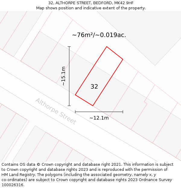 32, ALTHORPE STREET, BEDFORD, MK42 9HF: Plot and title map