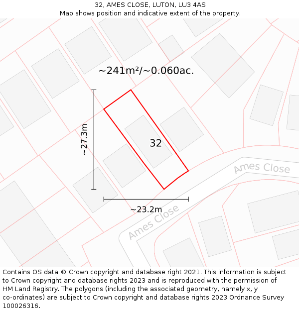 32, AMES CLOSE, LUTON, LU3 4AS: Plot and title map