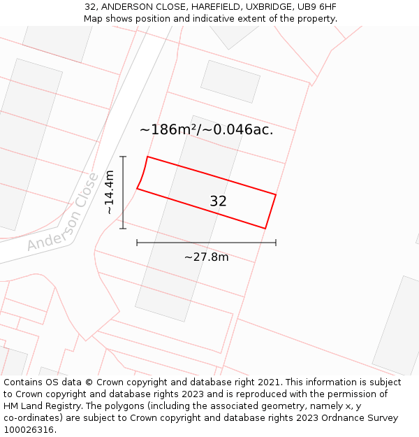 32, ANDERSON CLOSE, HAREFIELD, UXBRIDGE, UB9 6HF: Plot and title map