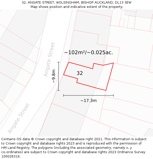 32, ANGATE STREET, WOLSINGHAM, BISHOP AUCKLAND, DL13 3EW: Plot and title map
