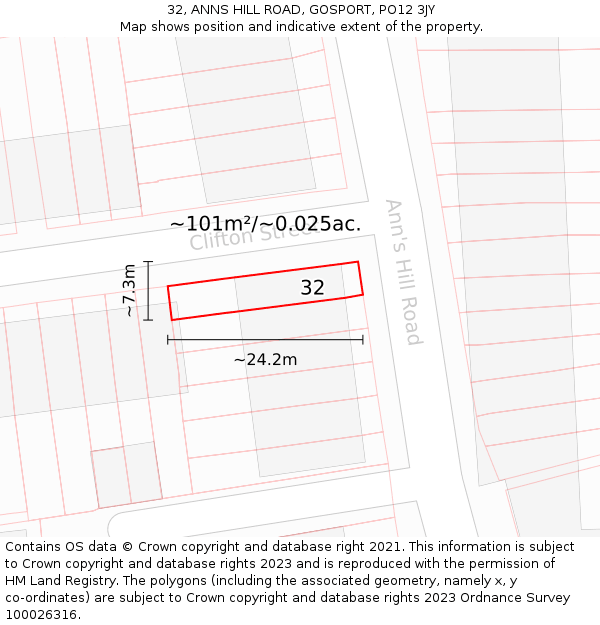 32, ANNS HILL ROAD, GOSPORT, PO12 3JY: Plot and title map