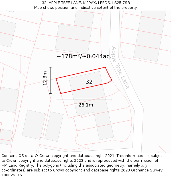 32, APPLE TREE LANE, KIPPAX, LEEDS, LS25 7SB: Plot and title map