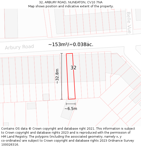 32, ARBURY ROAD, NUNEATON, CV10 7NA: Plot and title map