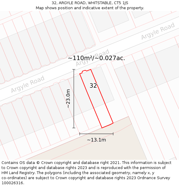 32, ARGYLE ROAD, WHITSTABLE, CT5 1JS: Plot and title map
