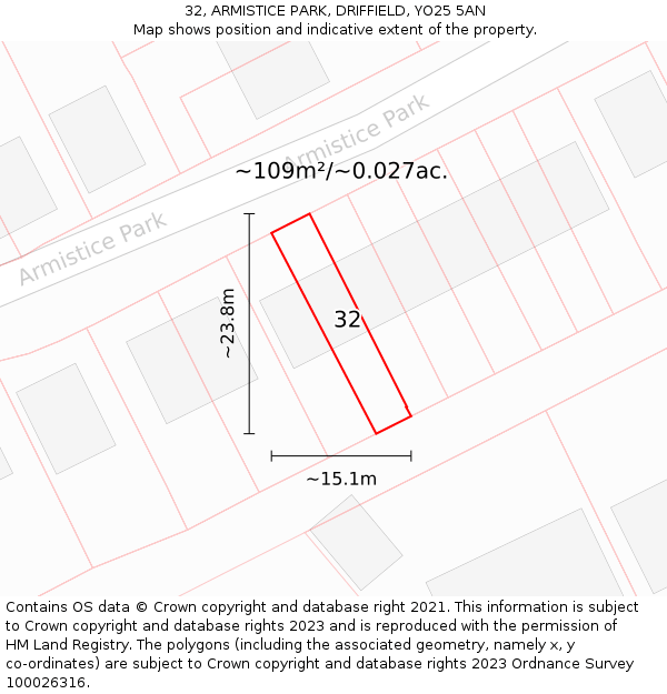 32, ARMISTICE PARK, DRIFFIELD, YO25 5AN: Plot and title map