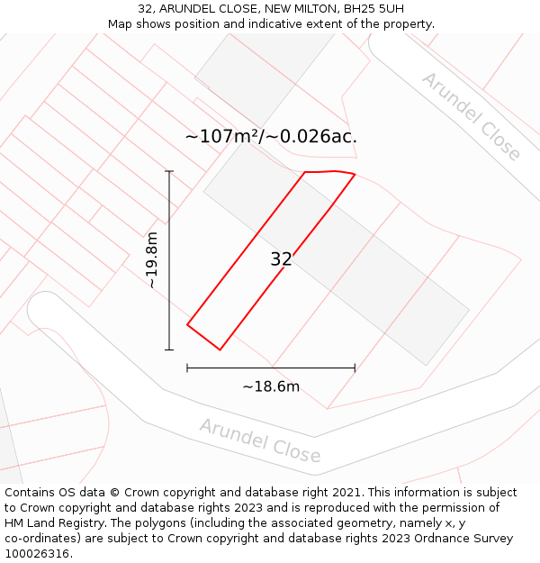 32, ARUNDEL CLOSE, NEW MILTON, BH25 5UH: Plot and title map