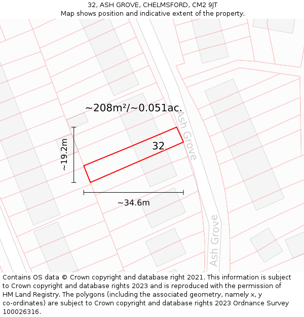 32, ASH GROVE, CHELMSFORD, CM2 9JT: Plot and title map