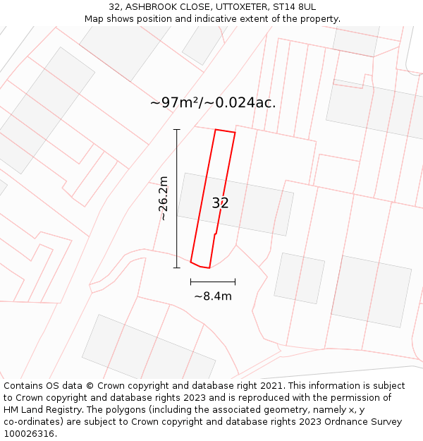 32, ASHBROOK CLOSE, UTTOXETER, ST14 8UL: Plot and title map