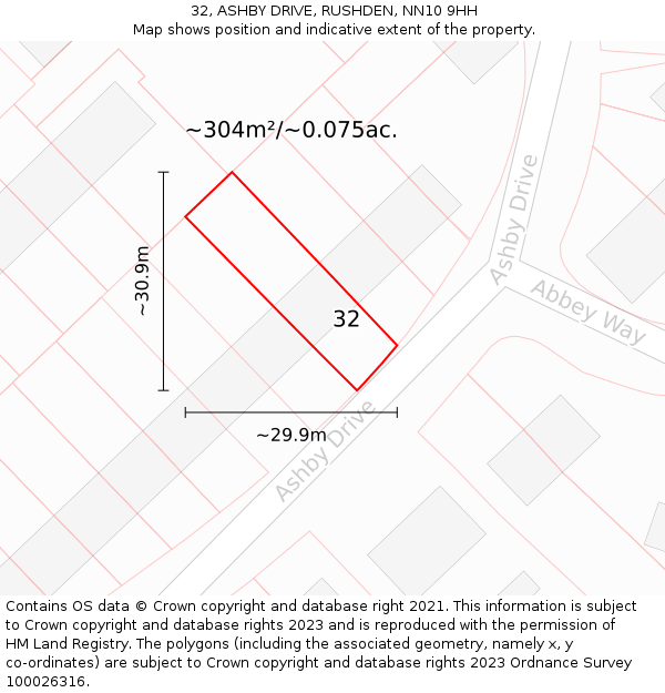 32, ASHBY DRIVE, RUSHDEN, NN10 9HH: Plot and title map