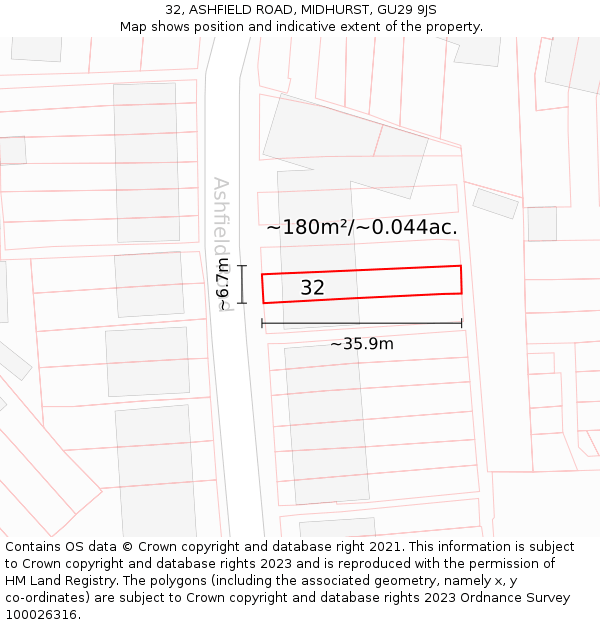 32, ASHFIELD ROAD, MIDHURST, GU29 9JS: Plot and title map