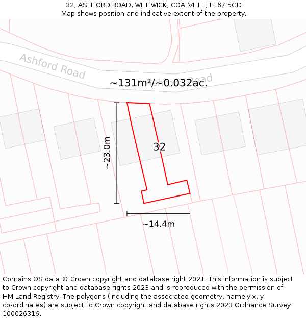 32, ASHFORD ROAD, WHITWICK, COALVILLE, LE67 5GD: Plot and title map
