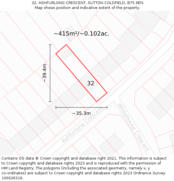32, ASHFURLONG CRESCENT, SUTTON COLDFIELD, B75 6EN: Plot and title map