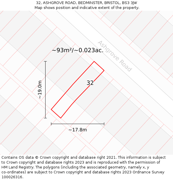32, ASHGROVE ROAD, BEDMINSTER, BRISTOL, BS3 3JW: Plot and title map