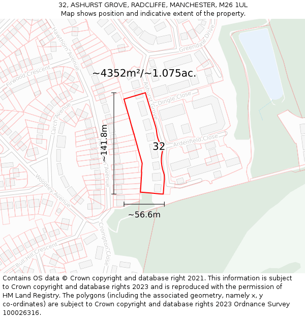 32, ASHURST GROVE, RADCLIFFE, MANCHESTER, M26 1UL: Plot and title map