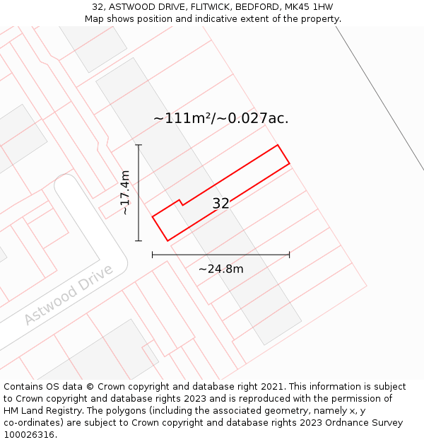 32, ASTWOOD DRIVE, FLITWICK, BEDFORD, MK45 1HW: Plot and title map