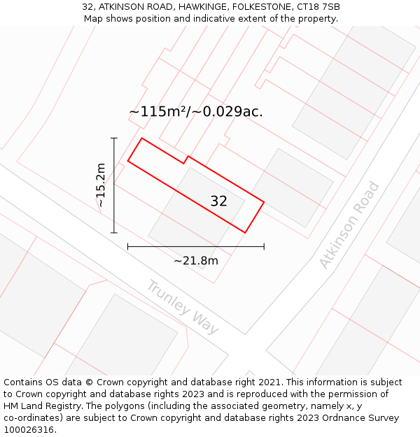 32, ATKINSON ROAD, HAWKINGE, FOLKESTONE, CT18 7SB: Plot and title map