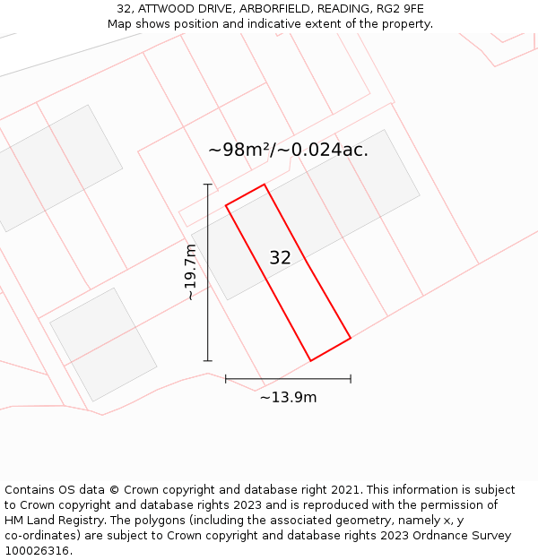 32, ATTWOOD DRIVE, ARBORFIELD, READING, RG2 9FE: Plot and title map