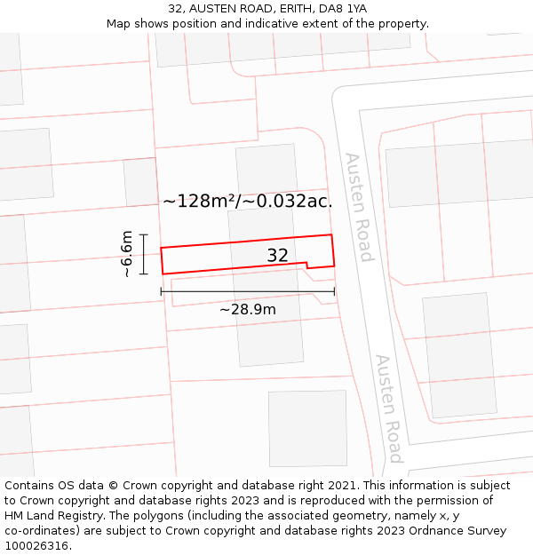 32, AUSTEN ROAD, ERITH, DA8 1YA: Plot and title map
