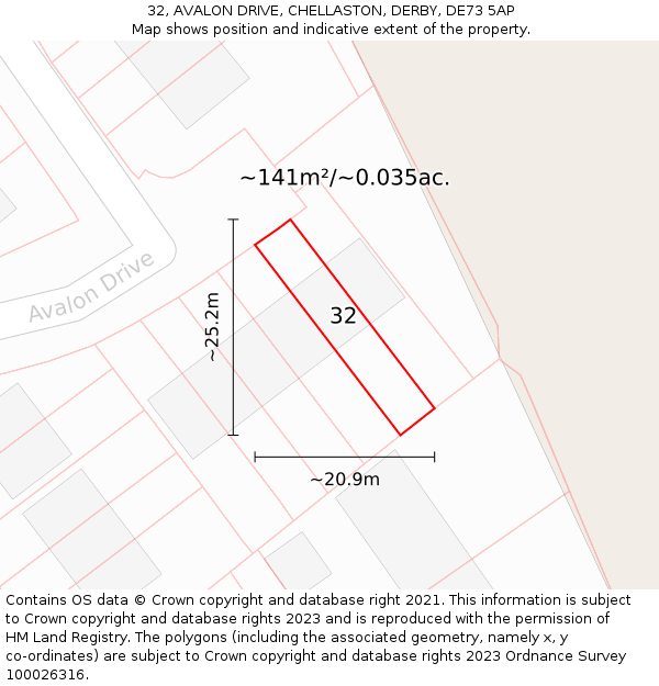 32, AVALON DRIVE, CHELLASTON, DERBY, DE73 5AP: Plot and title map